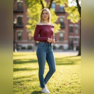 Ruffled Off-Shoulder Ribbed Top in Burgundy